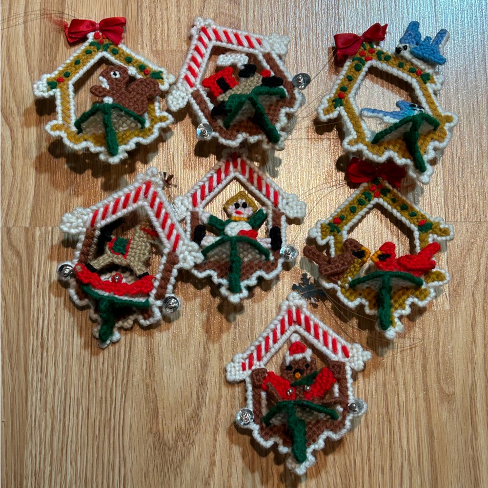 Set of 7 needlepoint plastic canvas bird‎ train ornaments